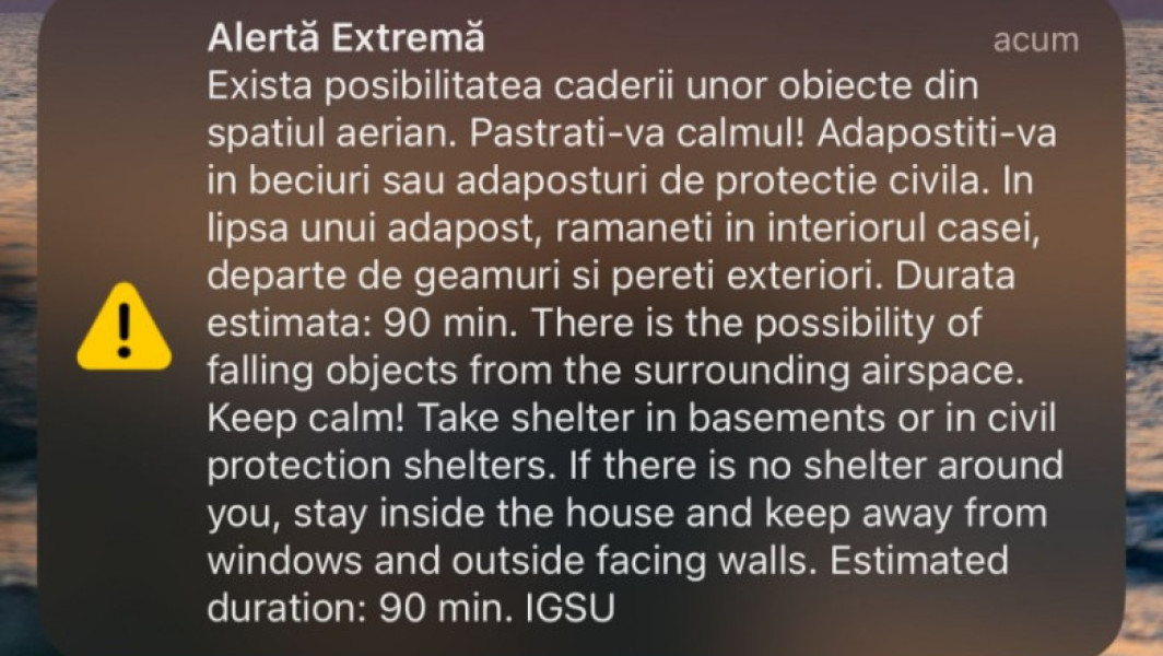 News Alert Mesaj Ro-Alert în Tulcea: Populația, avertizată în legătură cu „posibilitatea căderii unor obiecte din spațiul aerian”