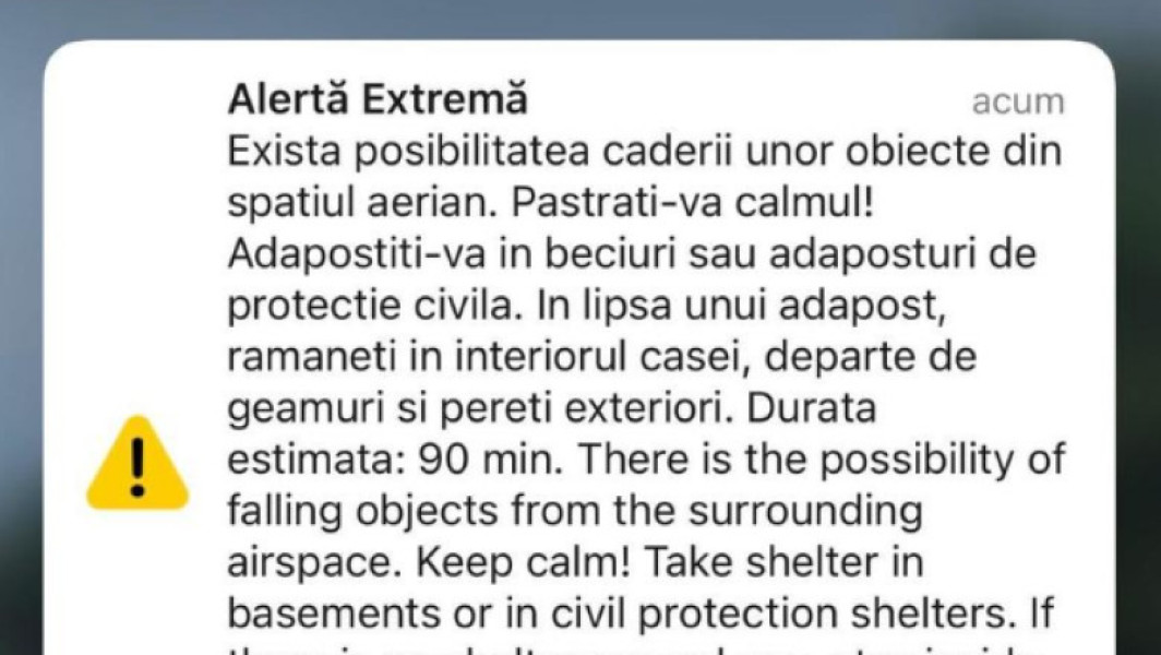 Mesaj RO-Alert în nordul judeţului Tulcea: există posibilitatea căderii unor obiecte din spaţiul aerian